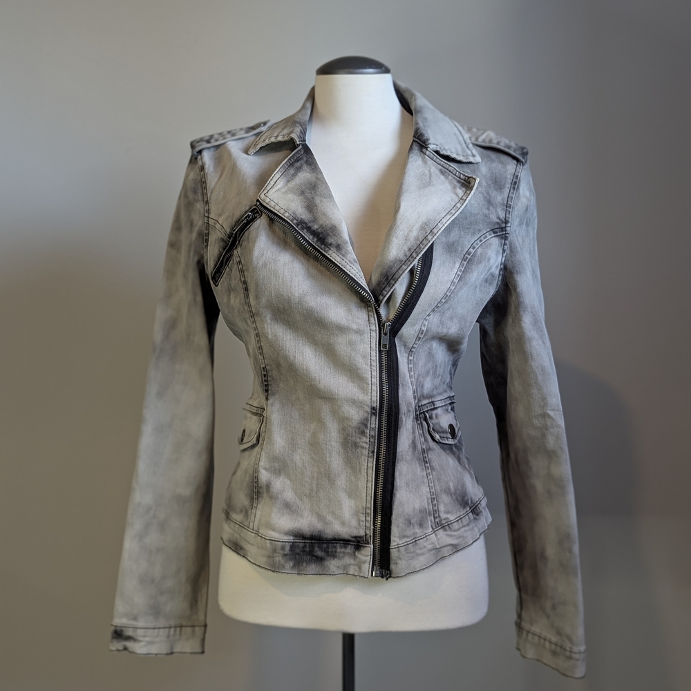 Cotton Stone Wash Grey Denim Moto Jacket  Industrial Y2K
